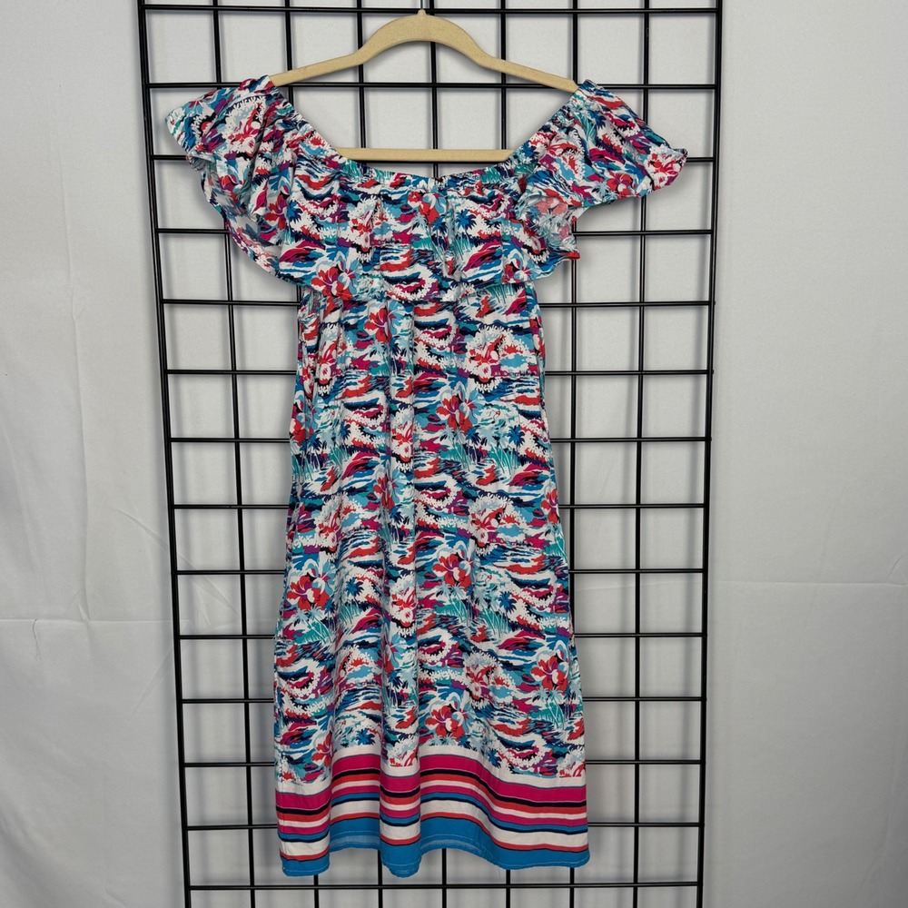 Tommy Bahama Dress Womens Medium Blue Pink Tropical Off Shoulder Ruffle Rayon